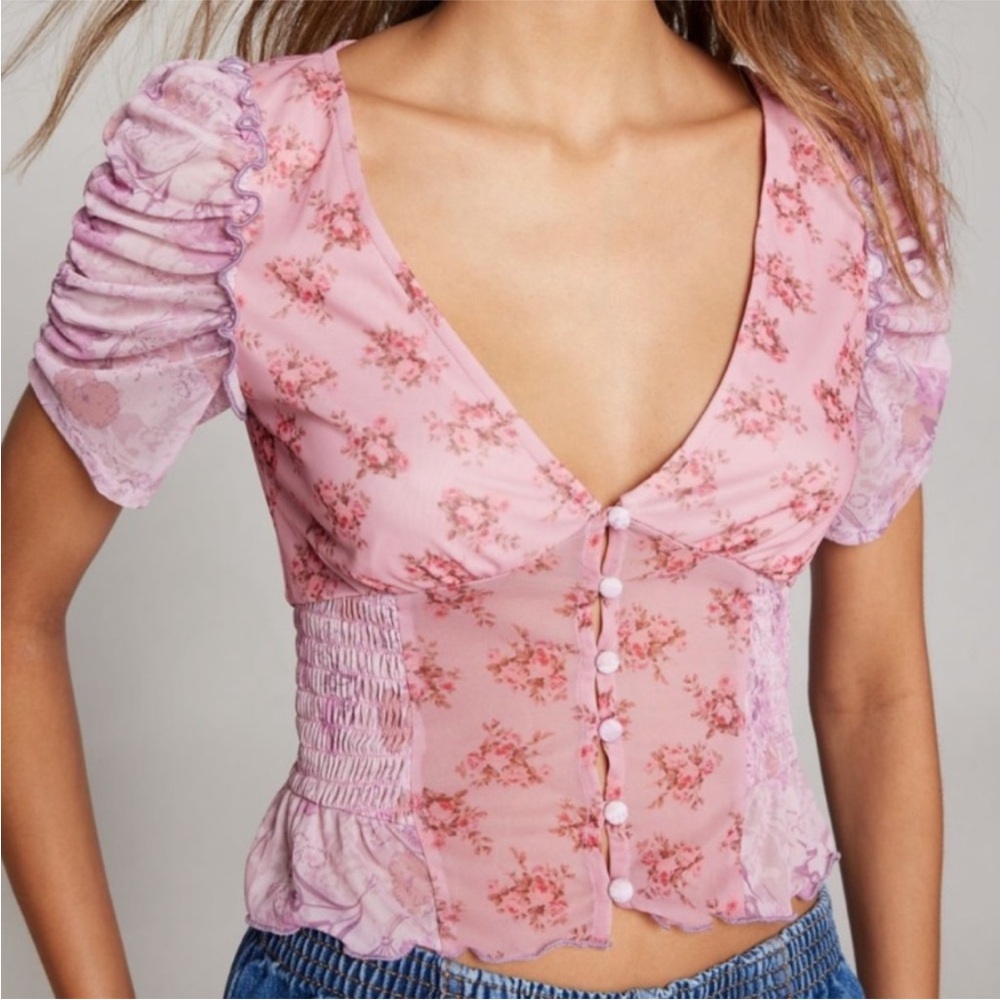 Kimchi Blue Pink floral puff sleeve crop blouse top y2k